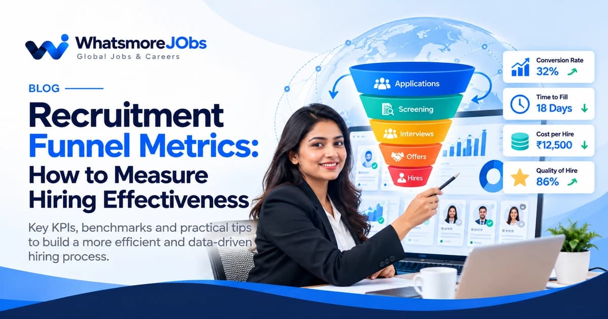 A simple recruitment funnel showing applicants, qualified candidates, interviews, offers and hires.